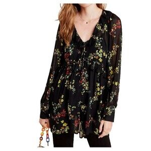 Anthropologie Jamison Tunic Top Small Black Floral Ruffle Semi Sheer Boho